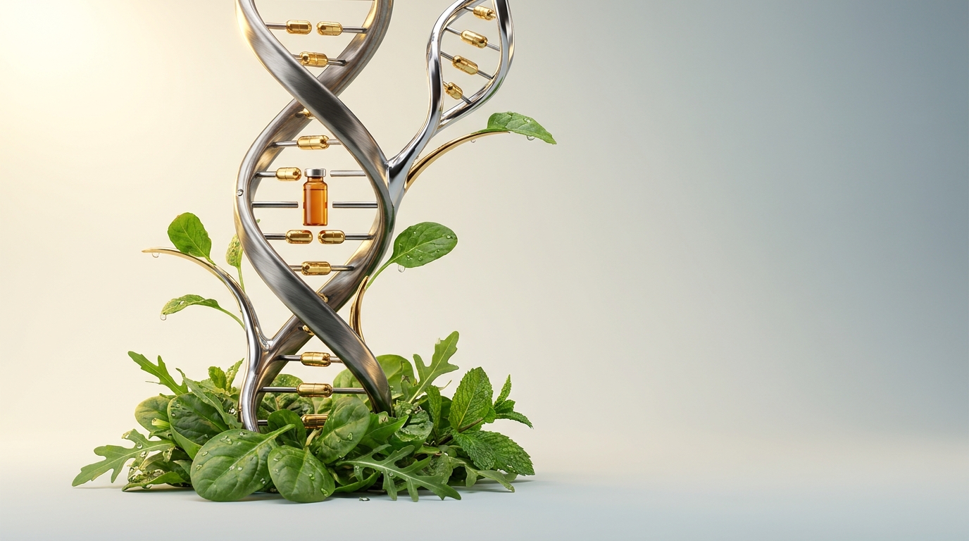 A chrome DNA helix threaded with gold peptide capsules, growing out of a bed of fresh leafy greens
