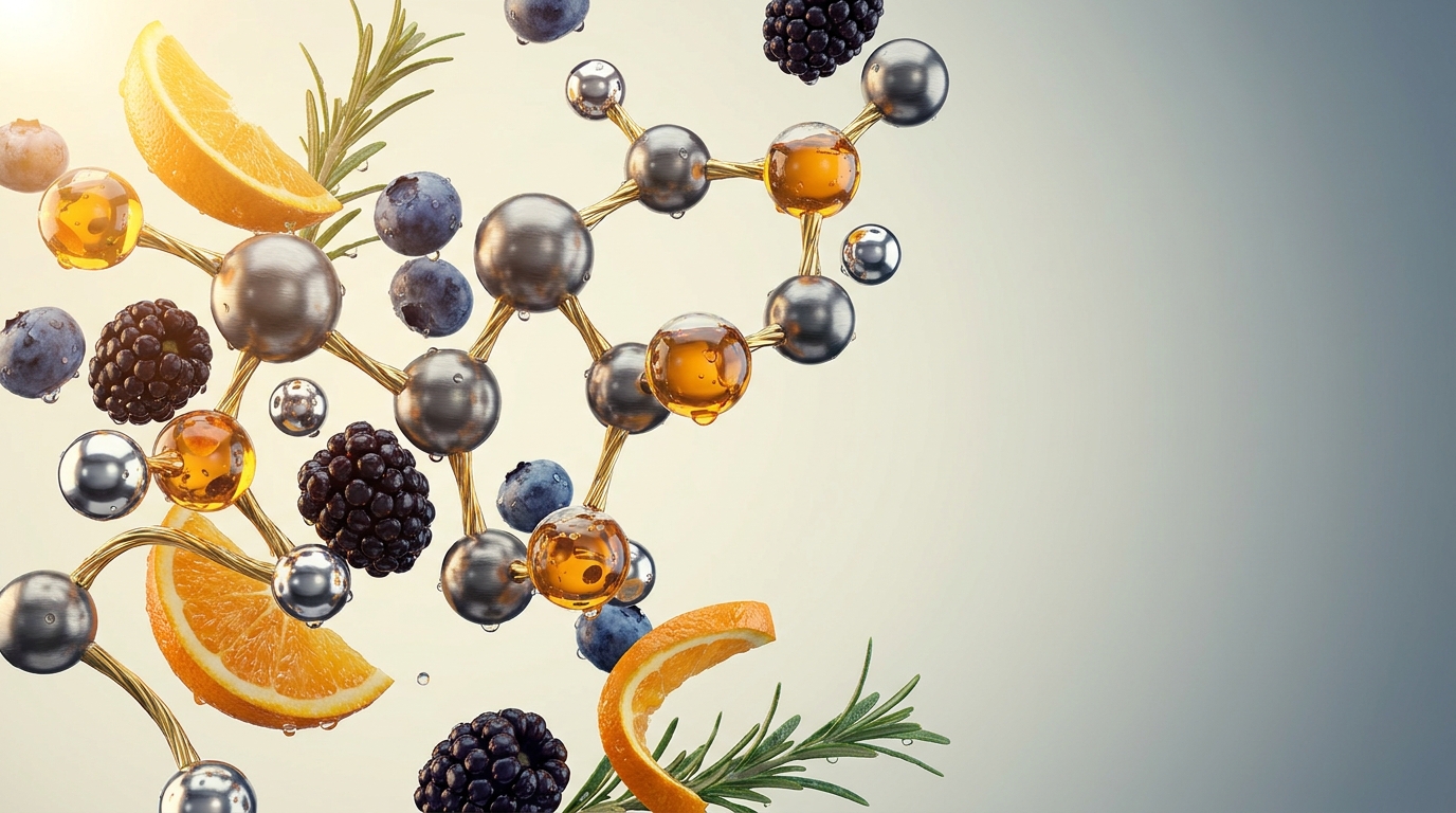 A chromed peptide molecular chain with amber-gold inclusions woven through fresh blueberries, blackberries, orange slices, and rosemary